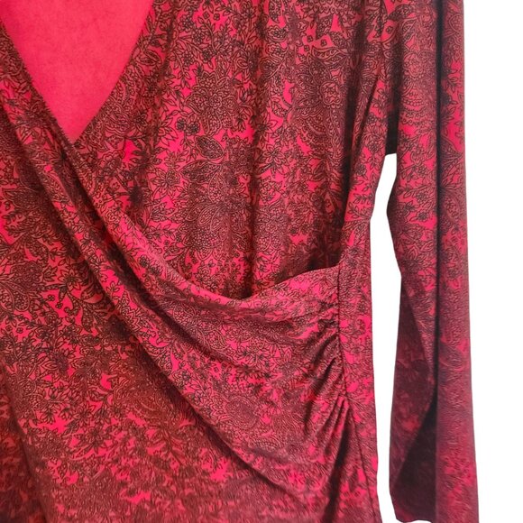 Rafaella Red with Black Print Wrap & Ruched Front V-Neck Blouse Size L - Picture 2 of 14